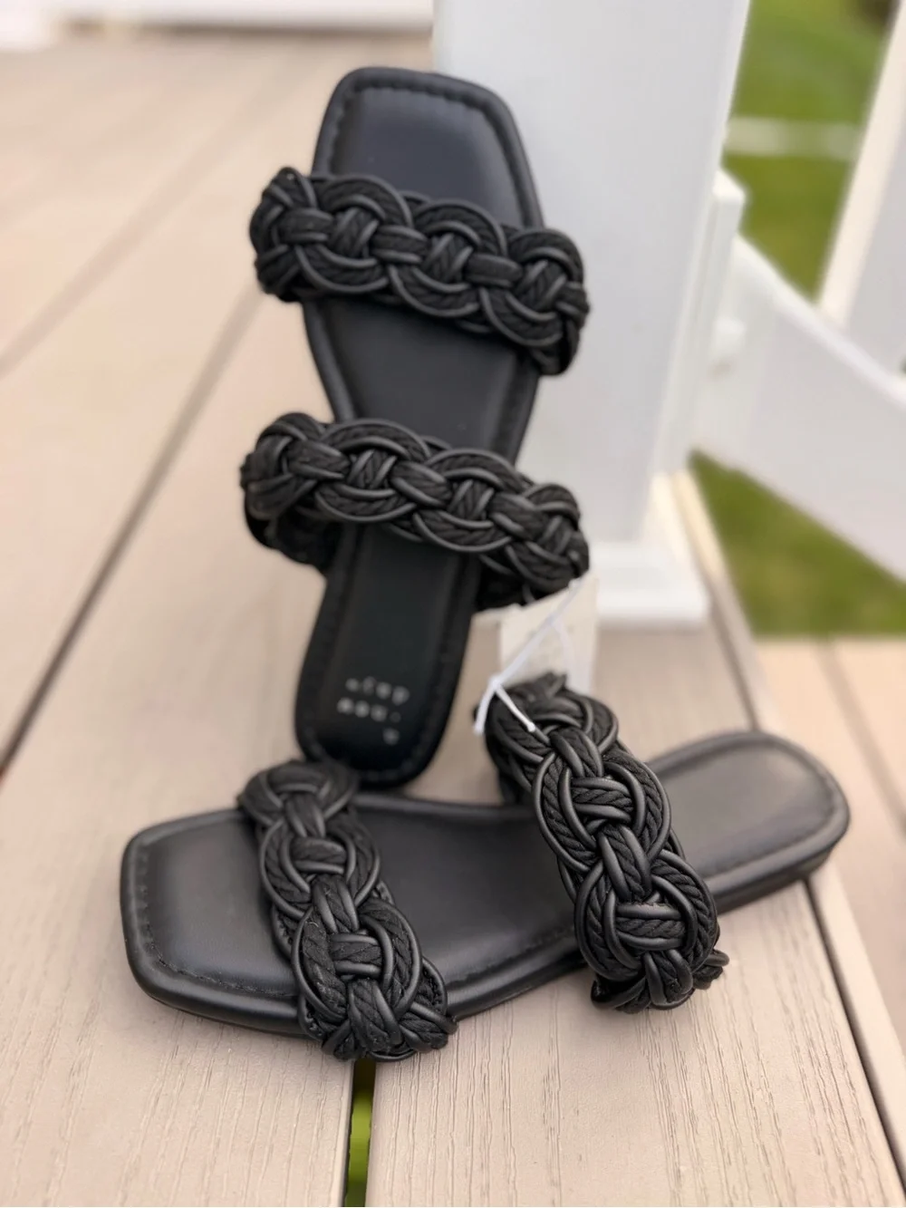 Black Braided Double Strap Open Toe Slide Sandals Flat Shoes